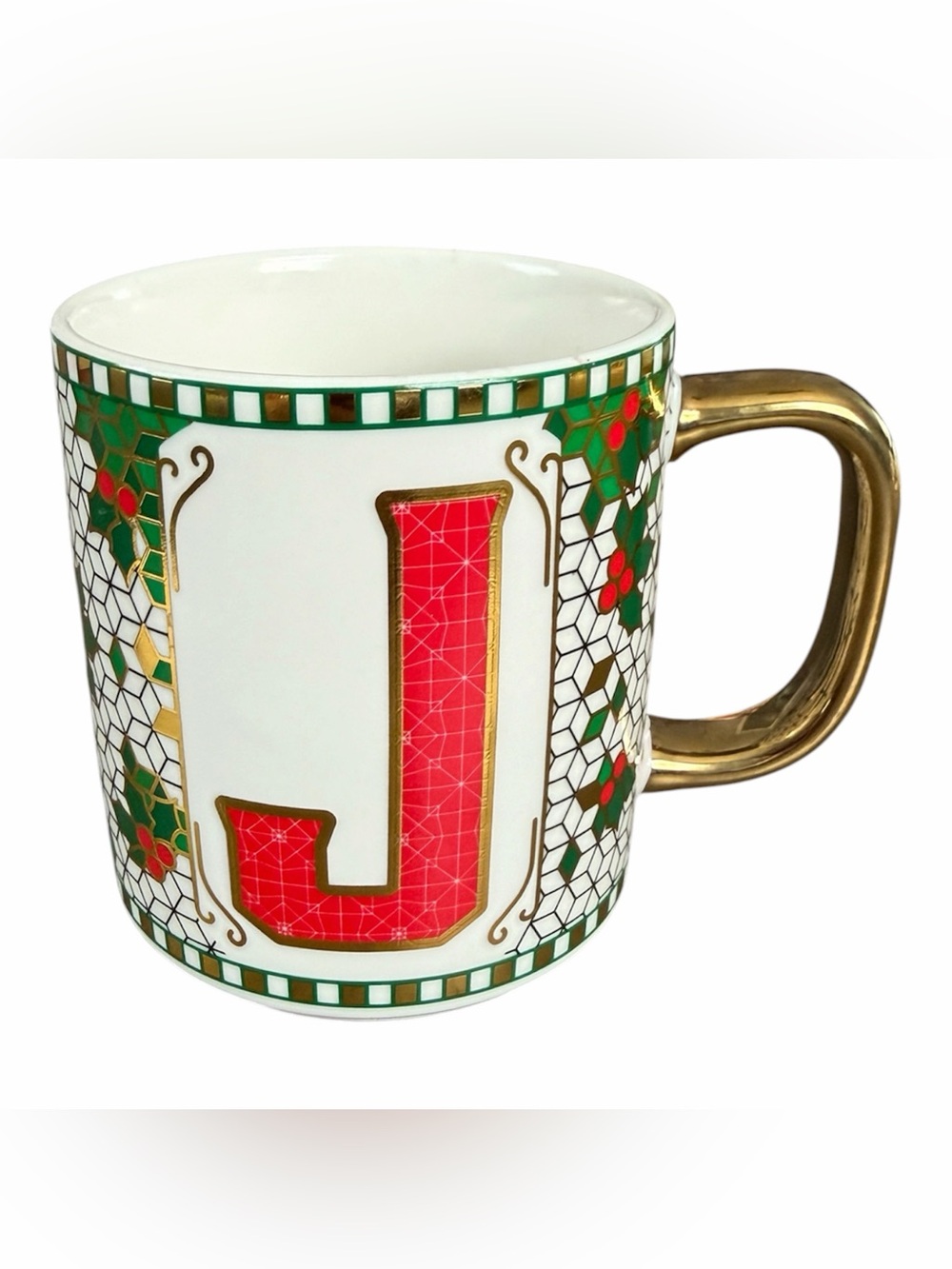 Creative Crate Initial Mug "J" Holly Green Red Gold Glaze Christmas Decor Cup